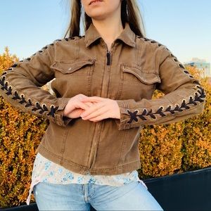 Vintage Free People Cross Laced Shoulders Camo Jean Jacket